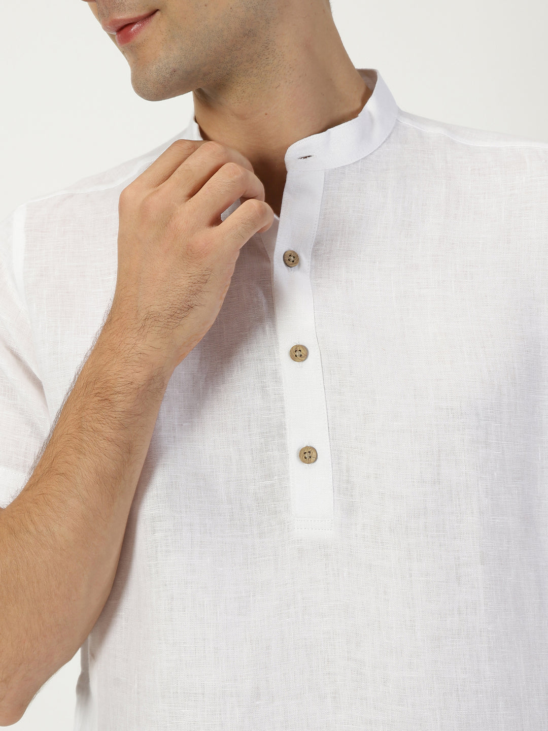 Ashok - Half Sleeve Mandarin Collar Pure Linen Short Kurta - White
