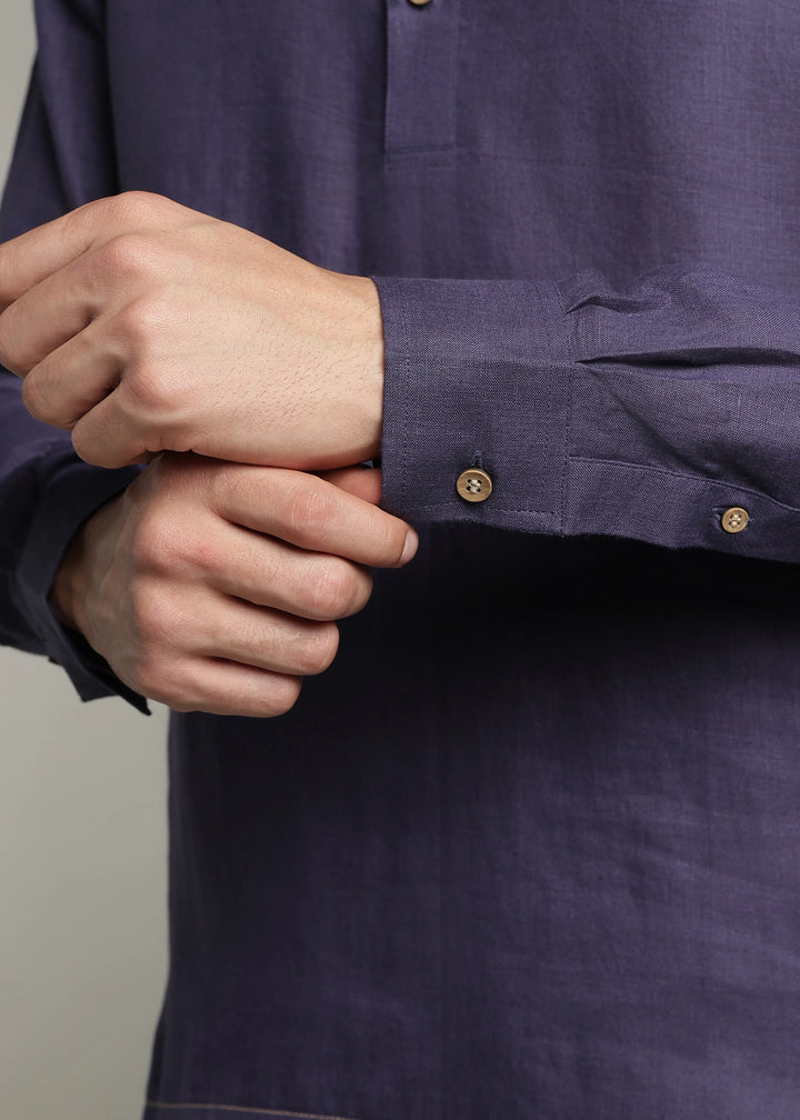 Saif - Pure Linen Full Sleeve Short Kurta with Hem Stitch Detail - Lapis Violet