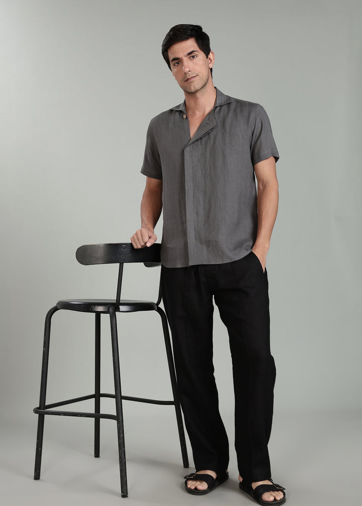 Sean Shirt - Pure Linen Half Sleeve Shirt with Concealed Placket - Charcoal Grey