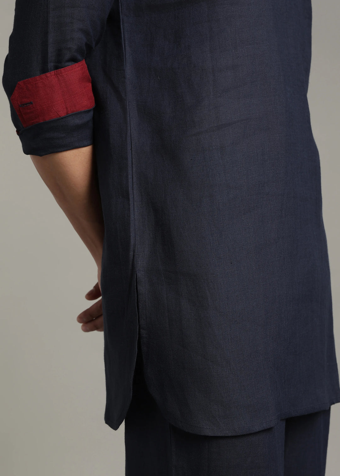 Palat - Pure Linen Regular Kurta with Contrast Inner Cuff Detail - Dark Blue