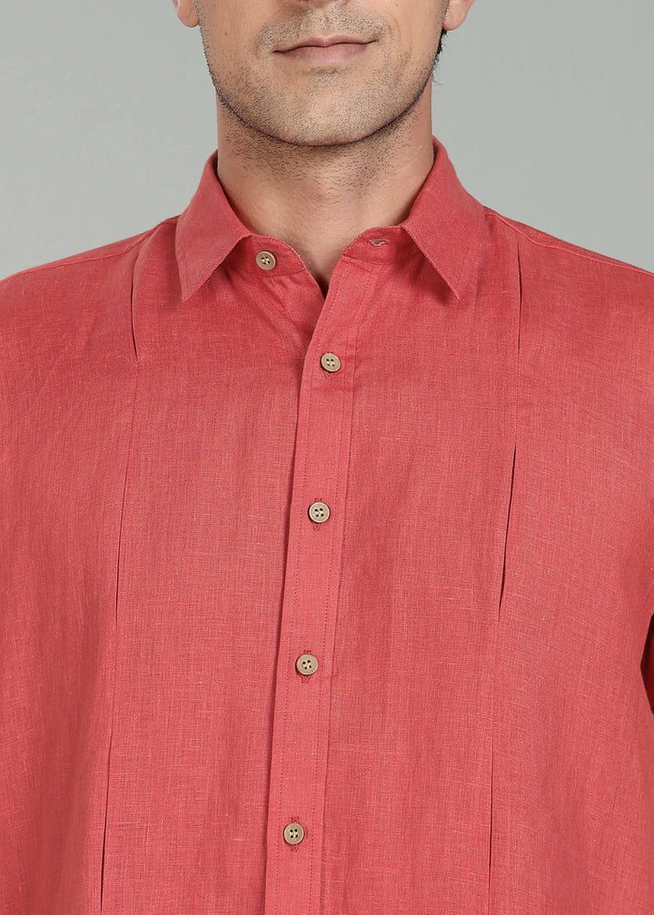 Milo Shirt - Pure Linen Half Sleeve Shirt - Terracotta Red