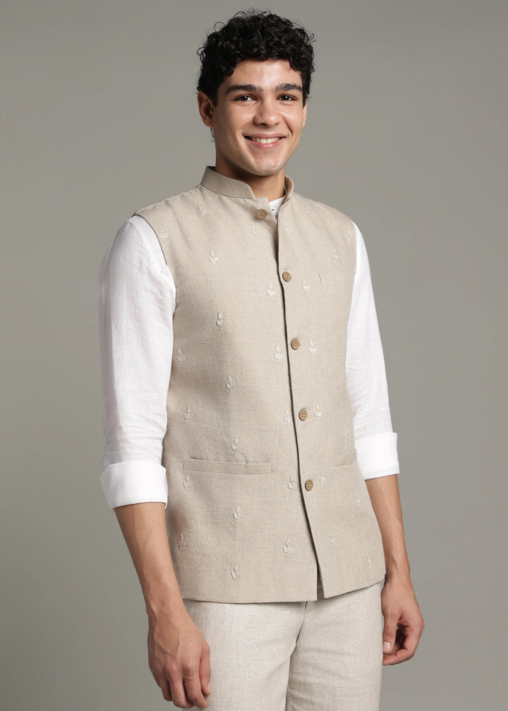 Gulzar - Hand Embroidered Pure Linen Nehru Jacket - Dark Ecru