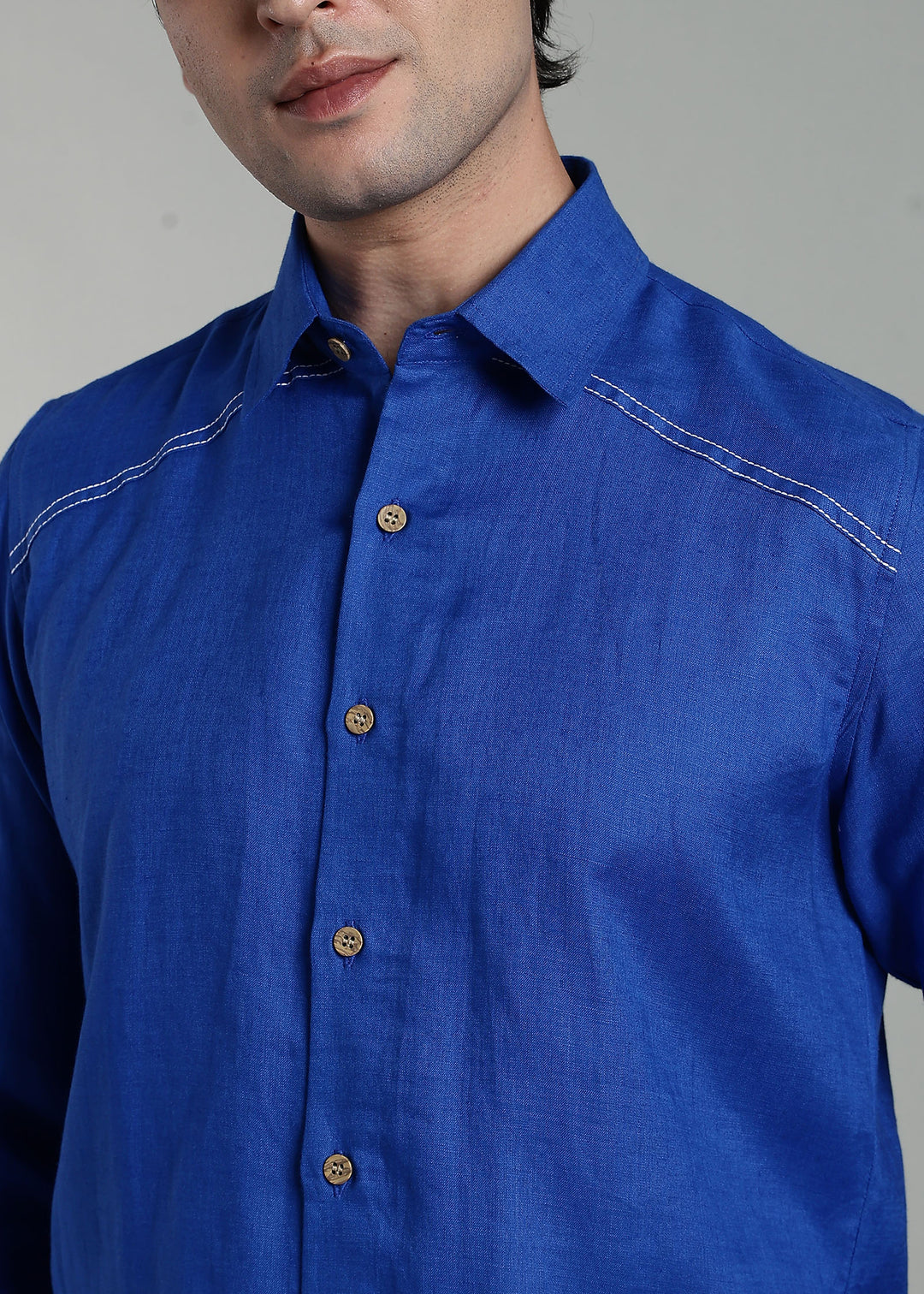 Nemo - Pure Linen Full Sleeve Shirt with False Flap Yoke and White Stitching Detailing - Egyptian Blue