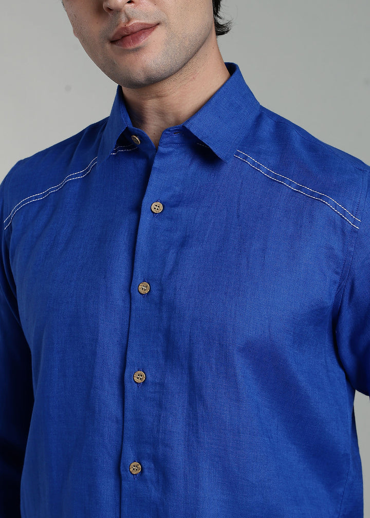 Nemo - Pure Linen Full Sleeve Shirt with False Flap Yoke and White Stitching Detailing - Egyptian Blue