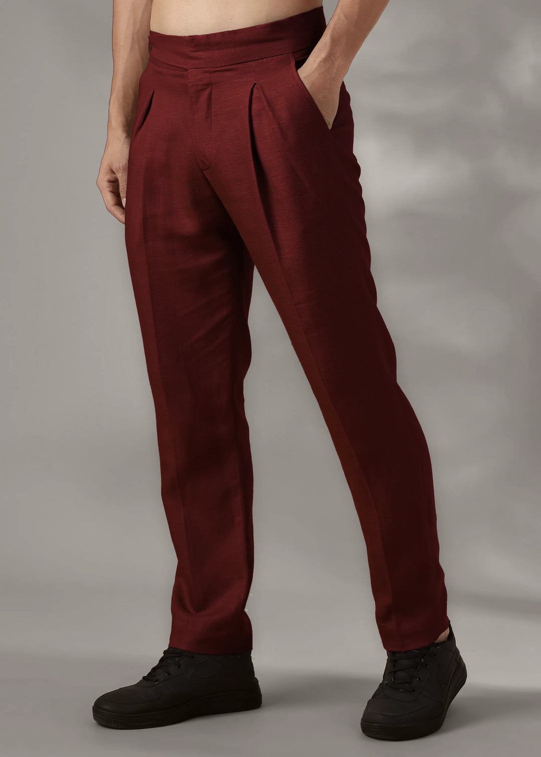 Foster - Pure Linen Trousers with Stylised Waistband - Dark Maroon