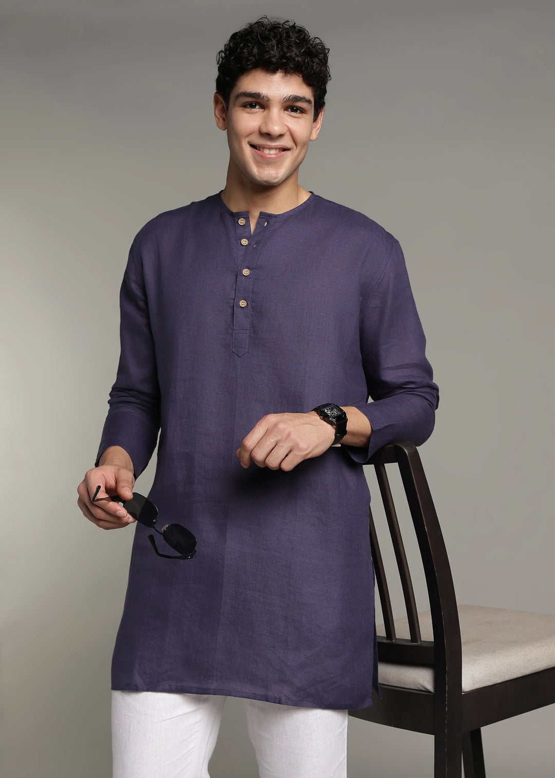 Zouq - Full Sleeve Collarless Pure Linen Mid Kurta  - Lapis Violet