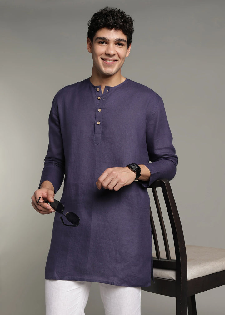 Zouq - Full Sleeve Collarless Pure Linen Mid Kurta  - Lapis Violet