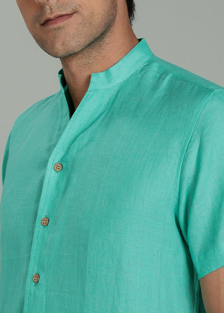 Craig - Pure Linen V Neck Short Sleeve Shirt - Spearmint Green