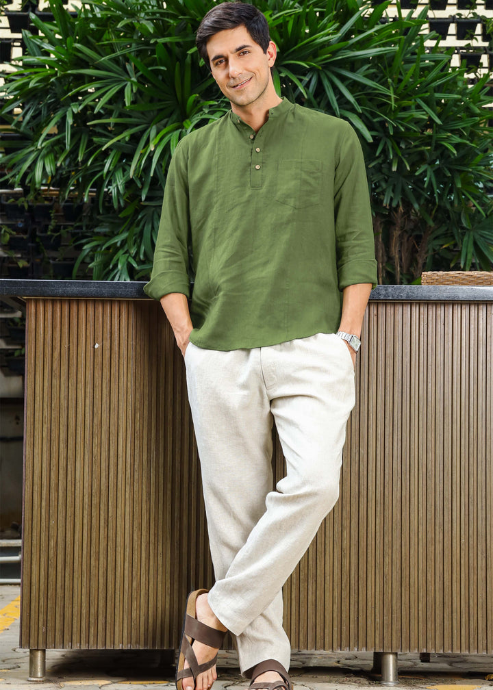 Trevor - Half Placket Pure Linen Full Sleeve Shirt - Cossack Green
