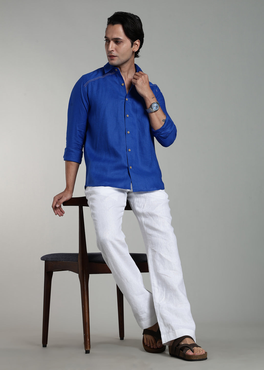 Nemo - Pure Linen Full Sleeve Shirt with False Flap Yoke and White Stitching Detailing - Egyptian Blue