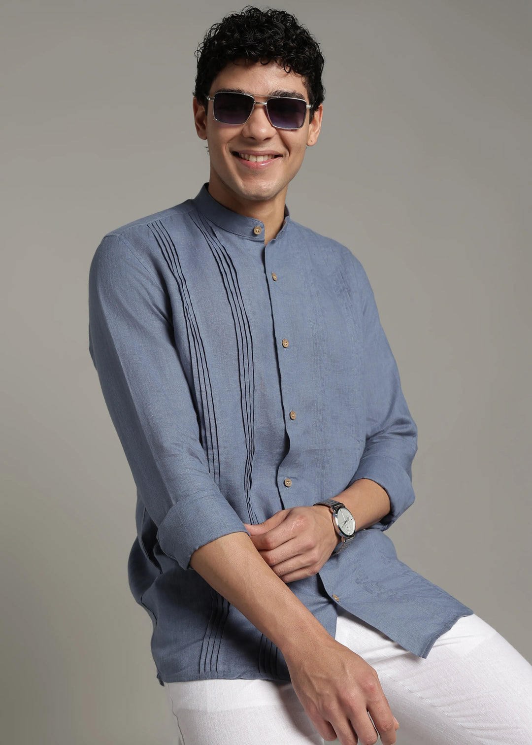 Archer - Pure Linen Mandarin Collar Pleat Detail Full Sleeve Shirt - Blue Grey