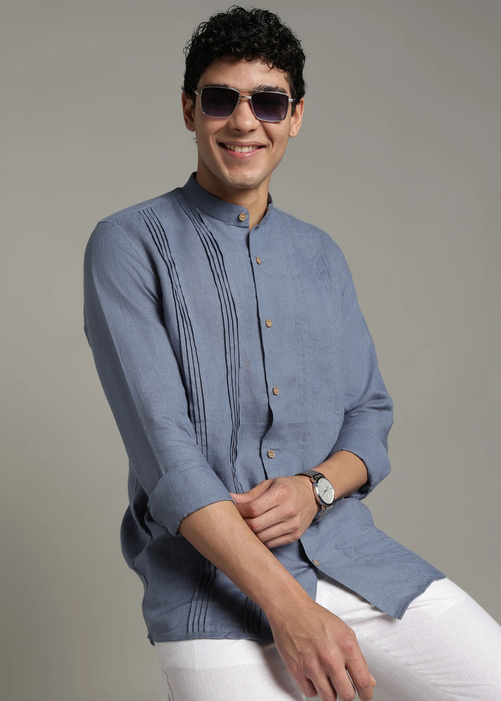 Archer - Pure Linen Mandarin Collar Pleat Detail Full Sleeve Shirt - Blue Grey