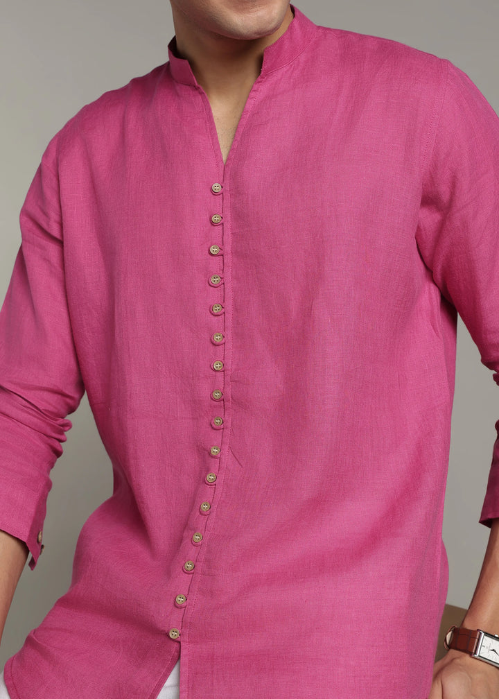 Yue - Pure Linen V Neck Full Sleeve Shirt - Raspberry Pink