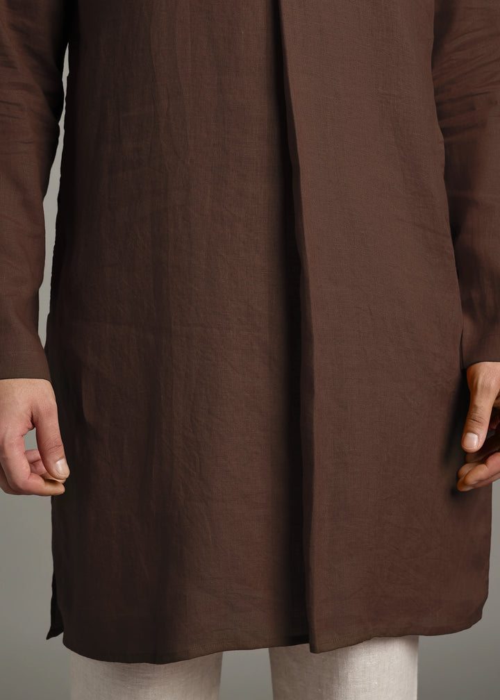 Vansh - Pure Linen Regular Kurta with Printed Placket detail - Coffee Brown
