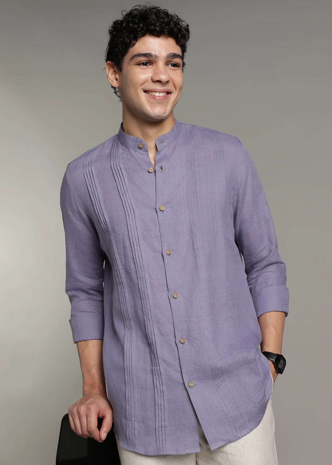 Archer - Pure Linen Mandarin Collar Pleat Detail Full Sleeve Shirt - Lavender Violet