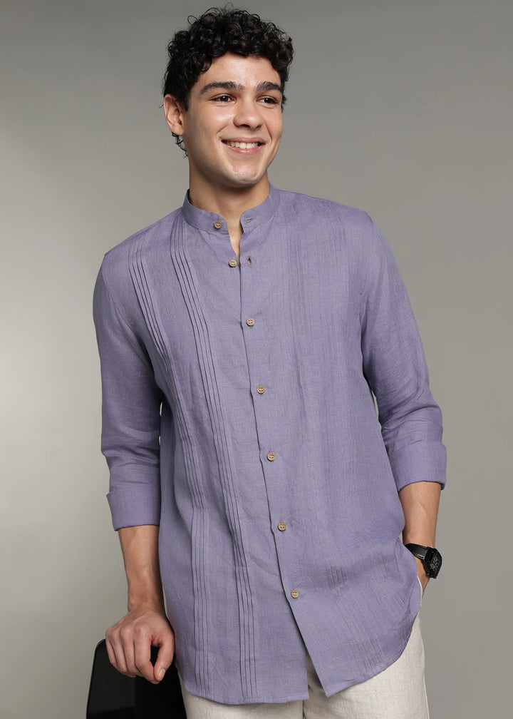 Archer - Pure Linen Mandarin Collar Pleat Detail Full Sleeve Shirt - Lavender Violet