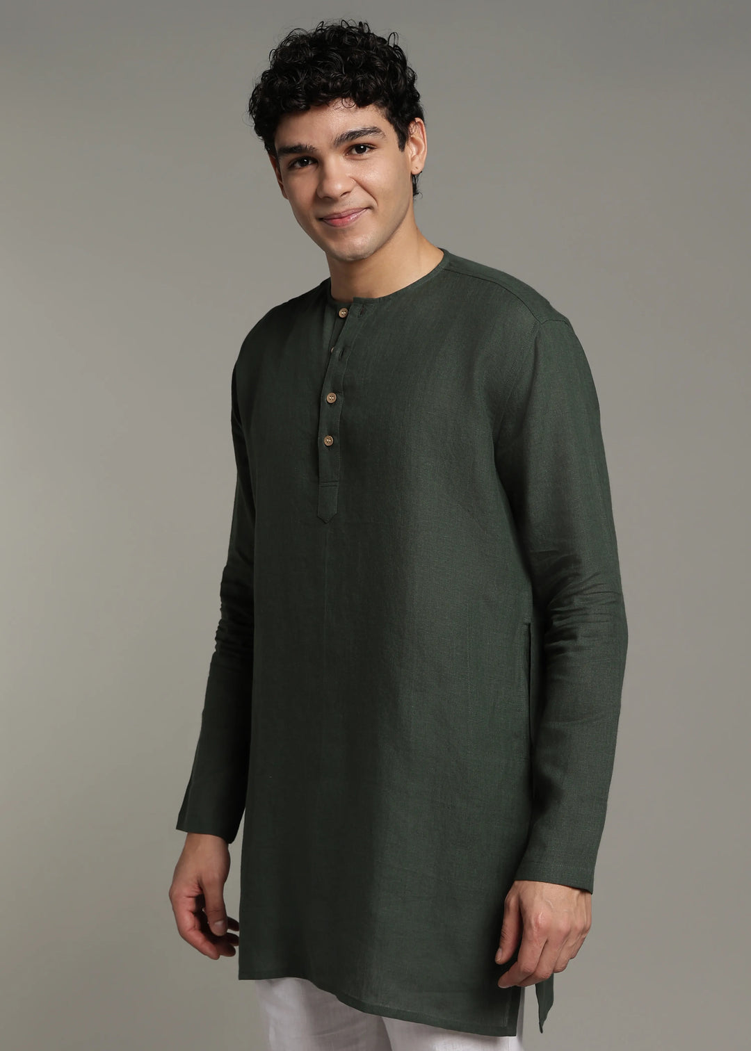 Zouq - Full Sleeve Collarless Pure Linen Mid Kurta  - Dark Fern Green