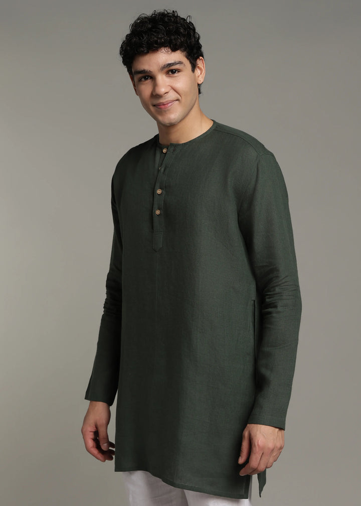 Zouq - Full Sleeve Collarless Pure Linen Mid Kurta  - Dark Fern Green