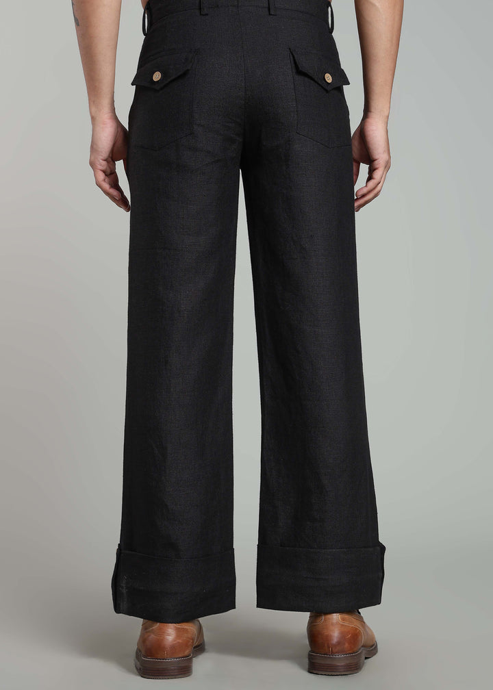 Vanta - Pure Linen Relaxed Trousers with Foldable Hem – Black