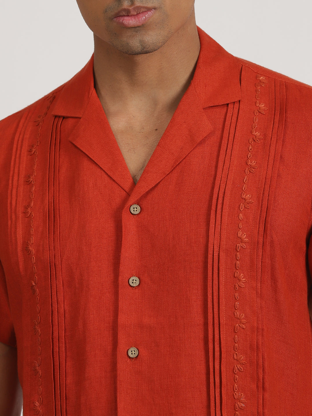 Cal - Pure Linen Hand Embroidered Half Sleeve Shirt - Rust