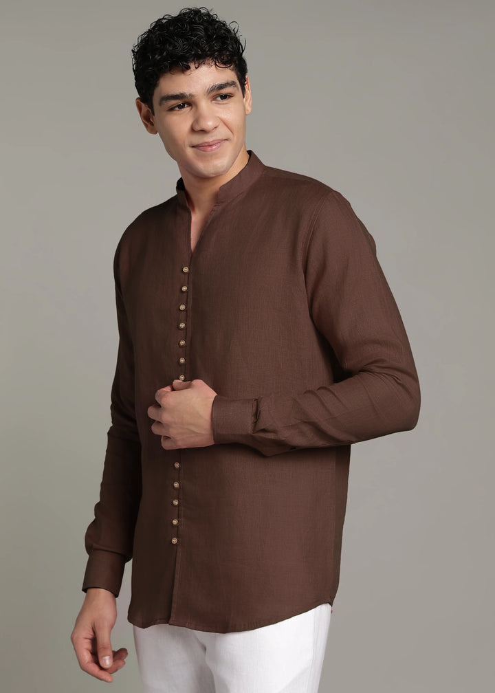 Yue - Pure Linen V Neck Full Sleeve Shirt - Coffee Brown