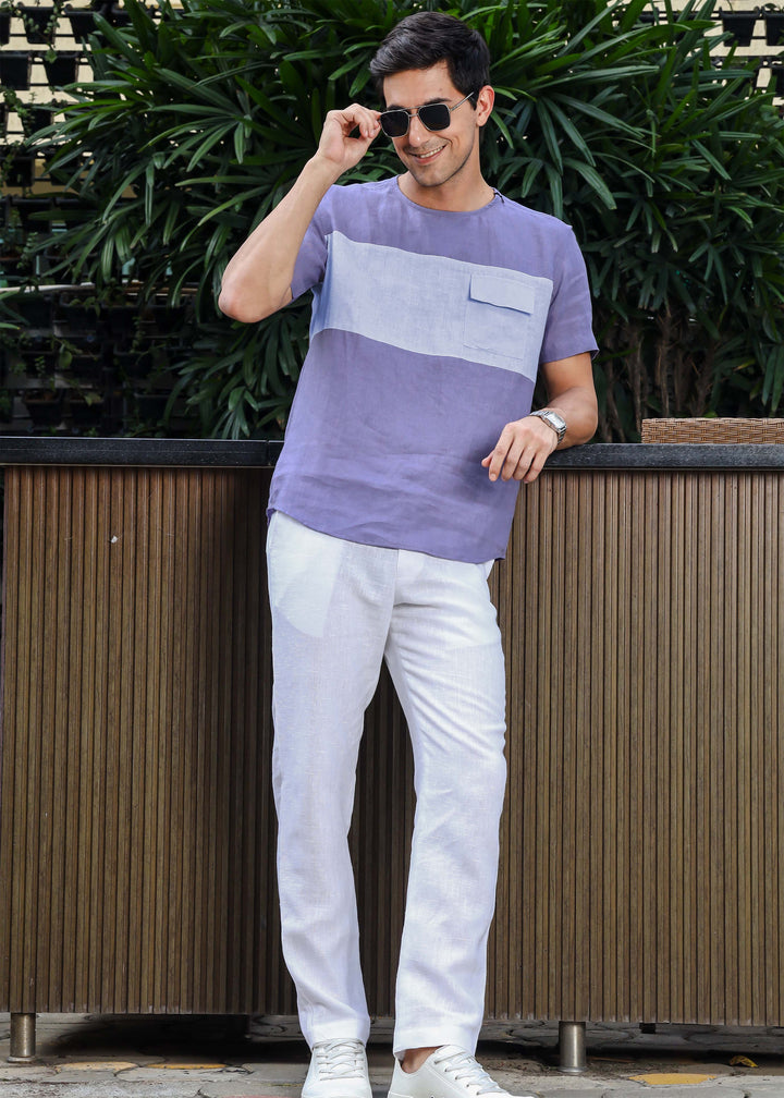 Zach - Double Colour Block Linen Short Sleeve T-Shirt - Lavender Violet & Periwinkle Blue