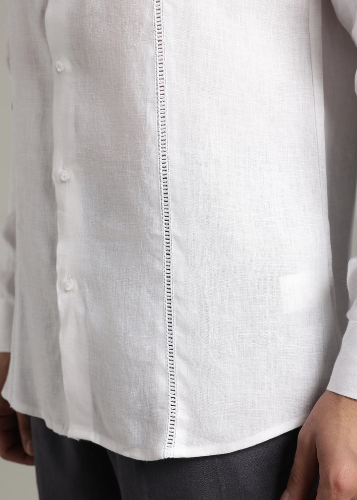 Zephr - Pure Linen Mandarin Collar Lace Detail Full Sleeve Shirt - White