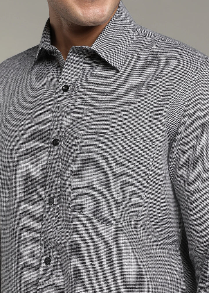 Harvey - Pure Linen Full Sleeve Shirt - Black Houndstooth