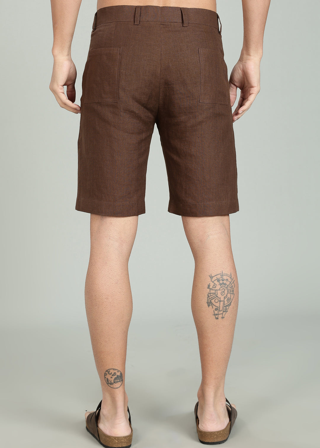Noel Shorts - Pure Linen Shorts with Patch Pocket - Coffee Brown