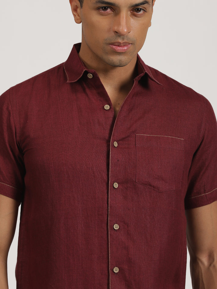 Peter - Pure Linen Stitch Detailed Half Sleeve Shirt - Burgundy