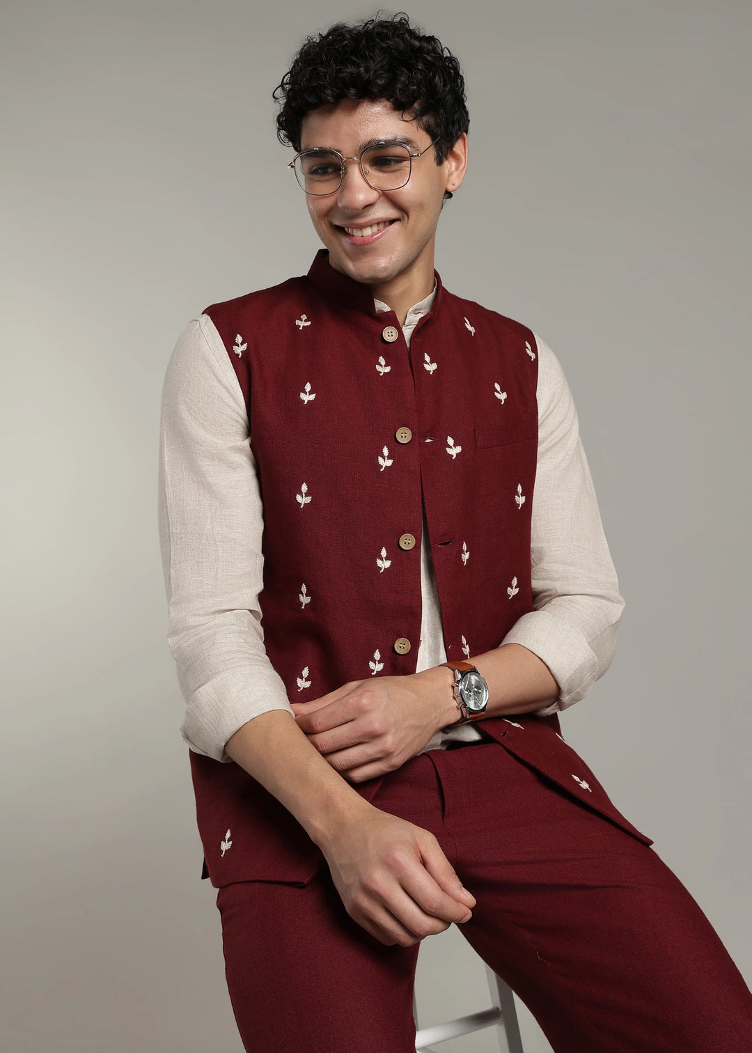 Gulzar - Hand Embroidered Pure Linen Nehru Jacket - Dark Maroon
