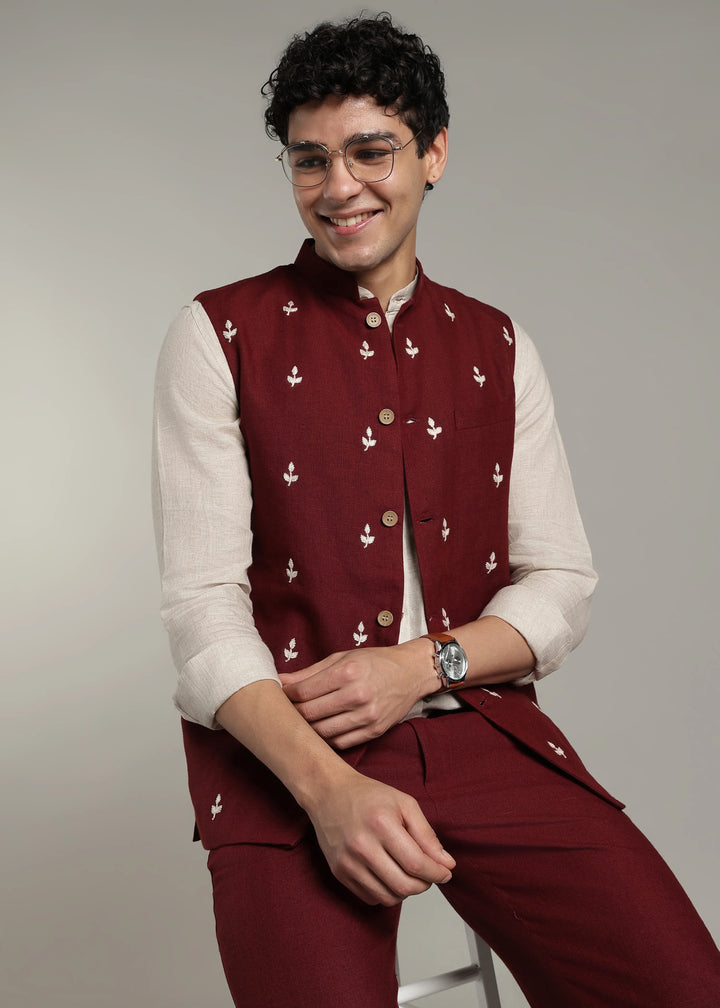 Gulzar - Hand Embroidered Pure Linen Nehru Jacket - Dark Maroon