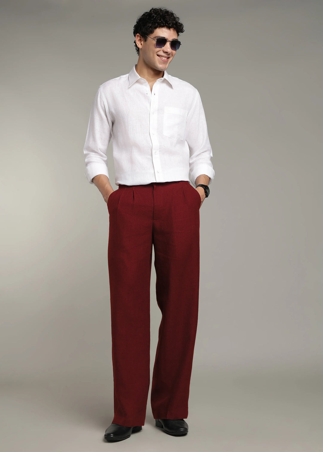 Ashford - Pure Linen Double Pleated High Waisted Trousers - Dark Maroon