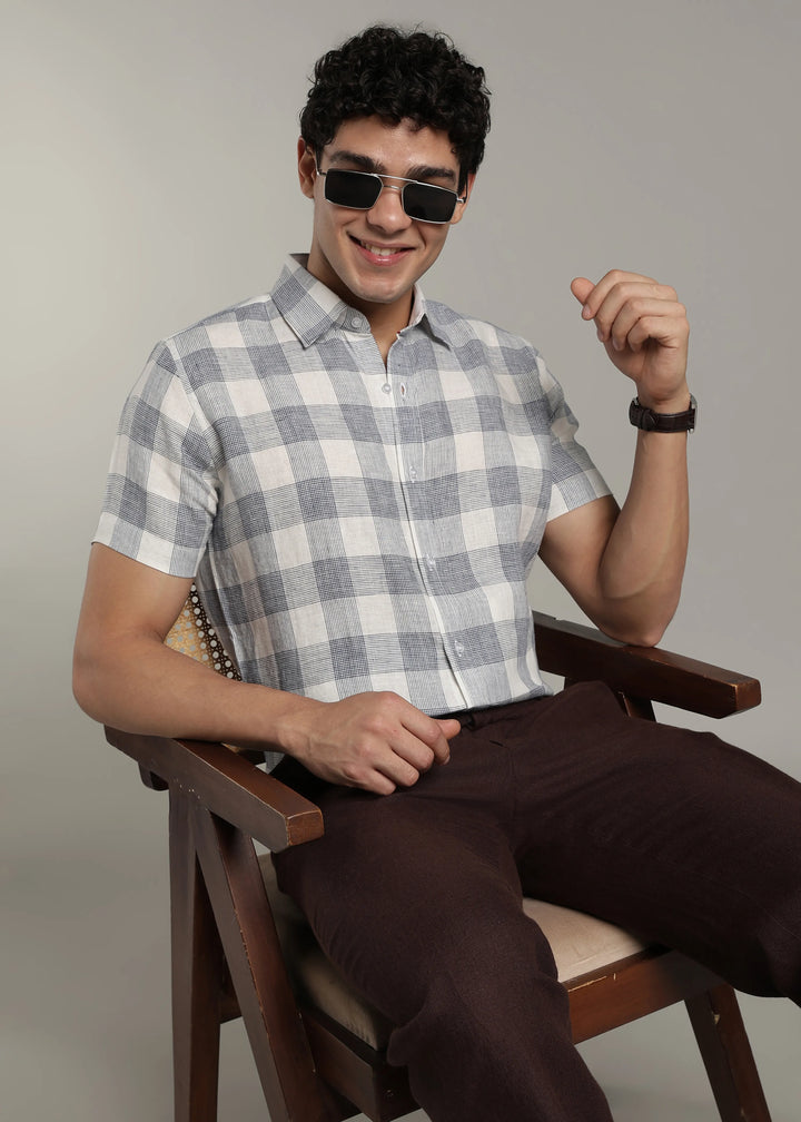 Glen- Pure Linen Half Sleeve Checks Shirt - White
