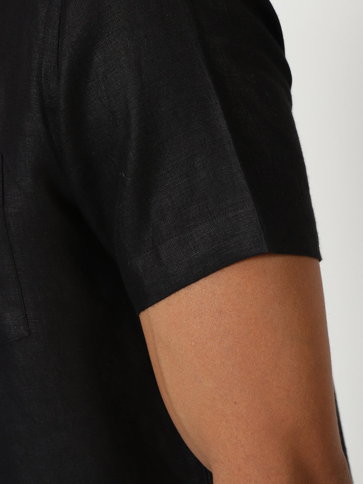 Ron - Pure Linen Half Sleeve Shirt - Black