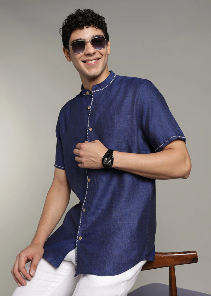 Oram - Pure Linen Half Sleeve Shirt - Prussian Blue