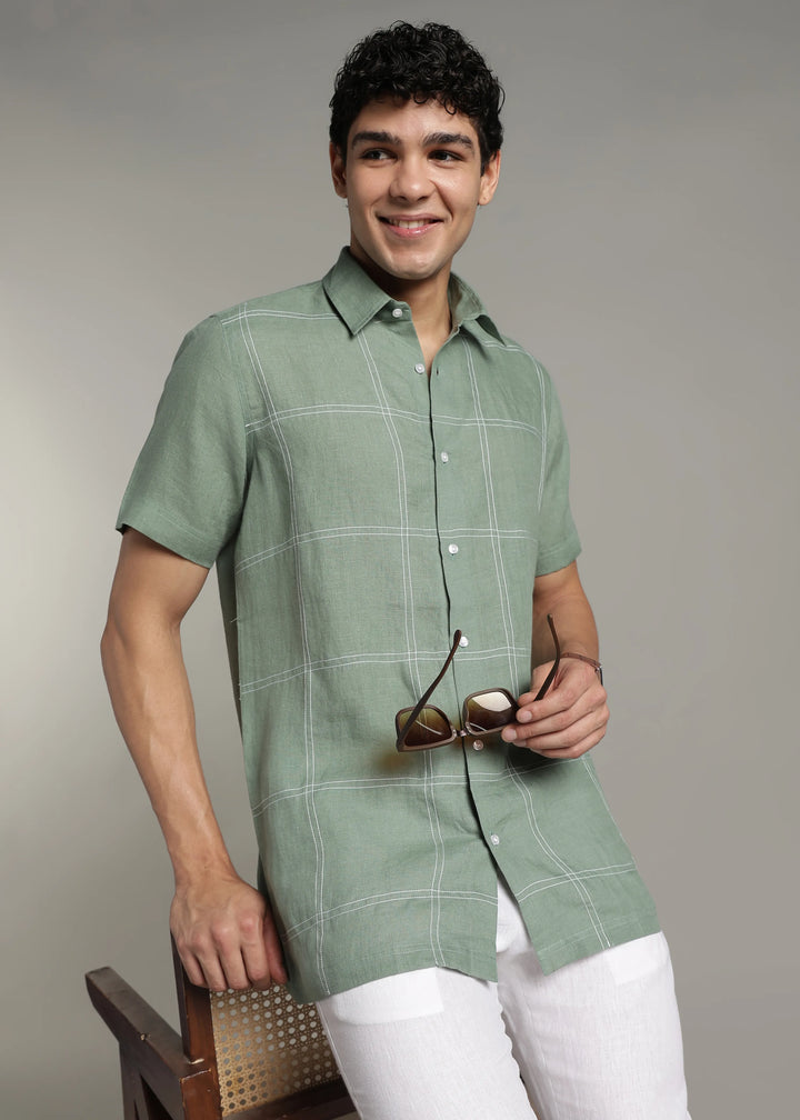 Mitch - Pure Linen Half Sleeve Stitch Detailed Checks Shirt - Spring Green