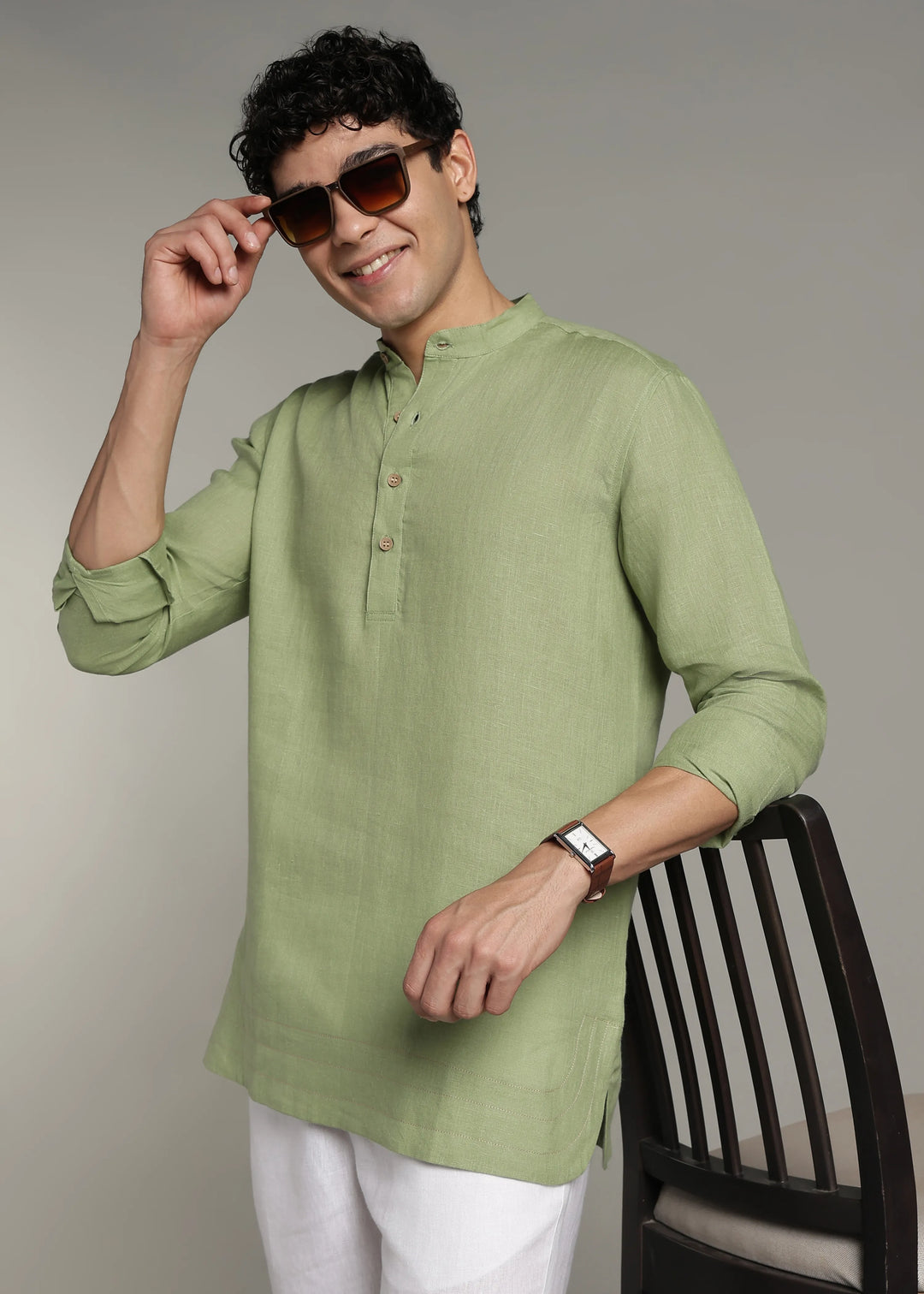 Saif - Pure Linen Full Sleeve Short Kurta with Hem Stitch Detail - Peppermint Green