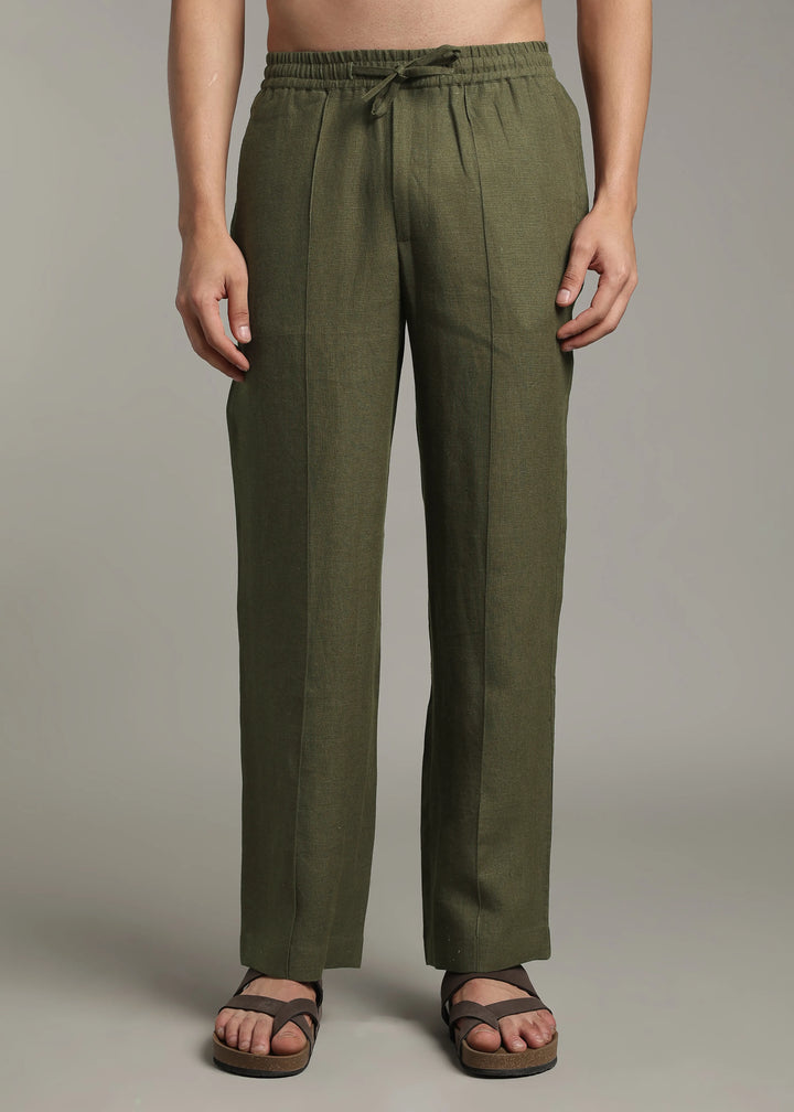 Art Pants - Pure Linen Elastic Casual Pants with Drawstrings - Military Green