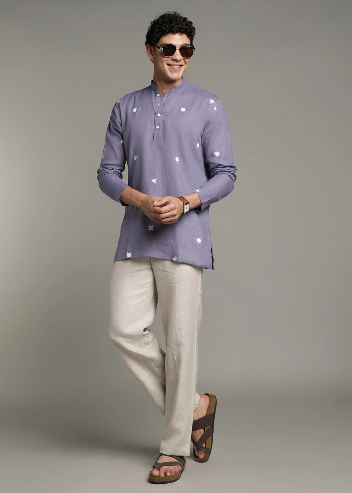 Dot - Pure Linen Embroidered Full Sleeve Short Kurta - Lavender Violet