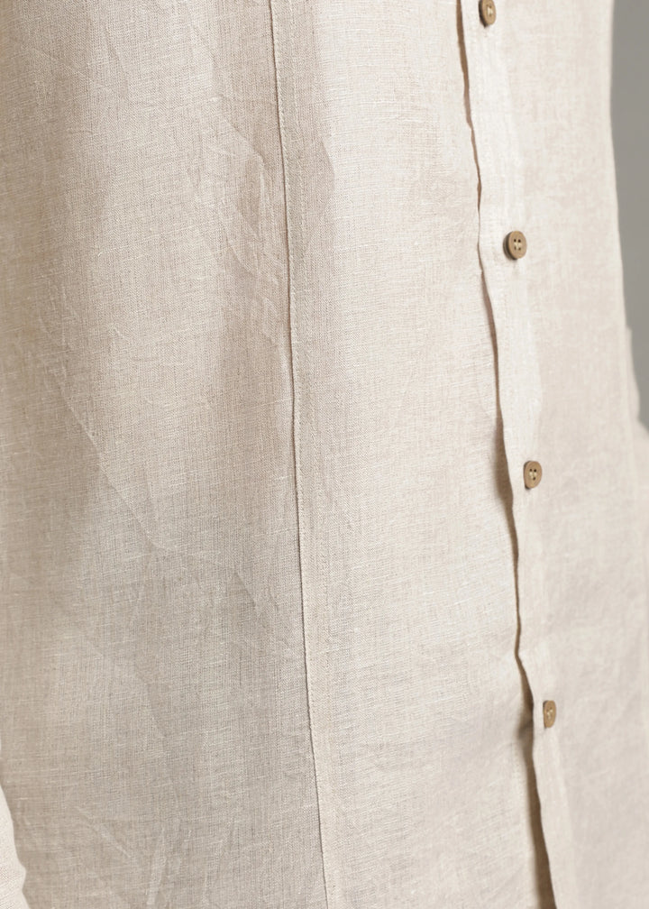 Amber - Pure Linen Full Sleeve Shirt with Embroidered Collar - Ecru