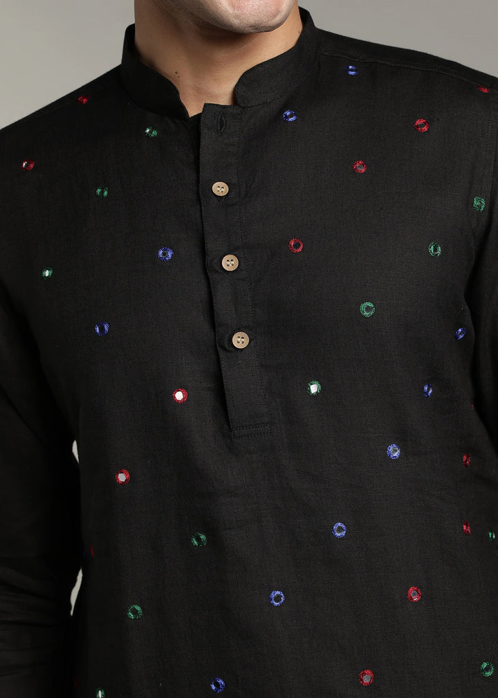 Aaina - Pure Linen Mirror Embroidered Regular Kurta - Black