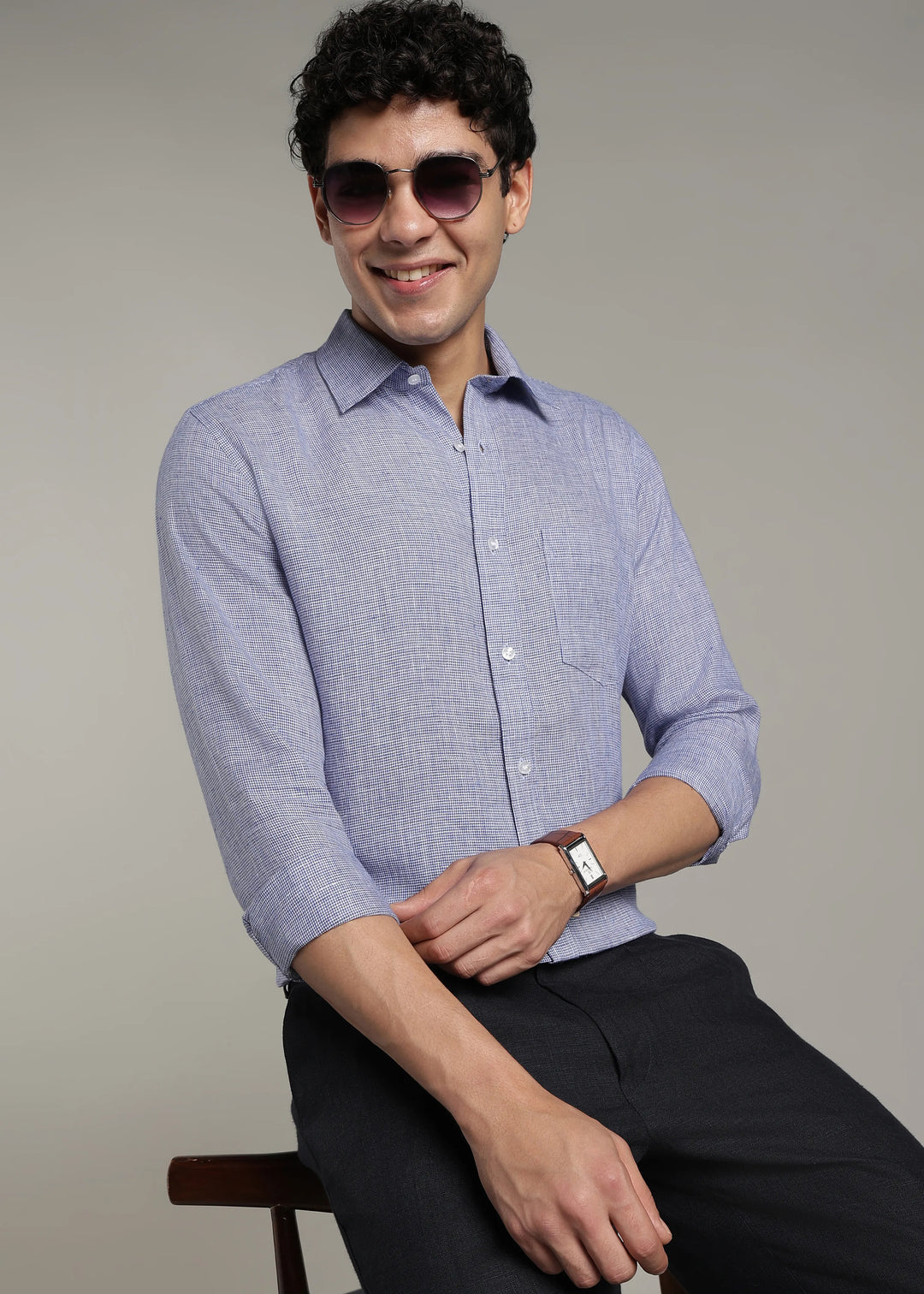 Harvey - Pure Linen Full Sleeve Shirt - Blue Houndstooth