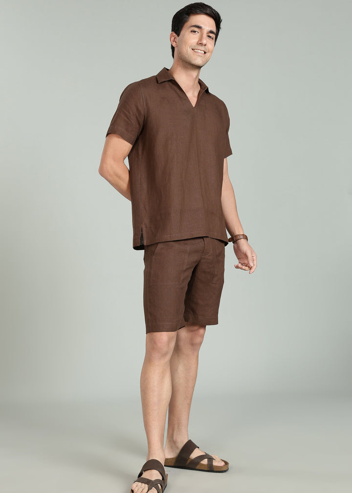 Noel Shorts - Pure Linen Shorts with Patch Pocket - Coffee Brown
