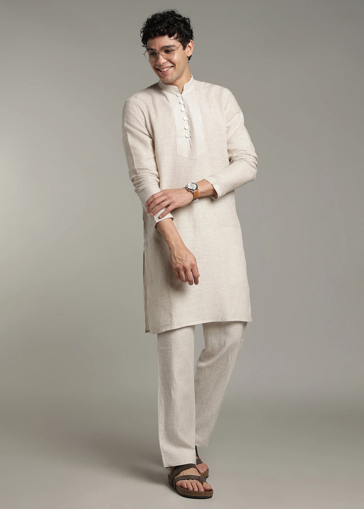 Taj - Pure Linen Long Kurta with Yolk Stitch Detail and Mother Of Pearl Buttons - Ecru