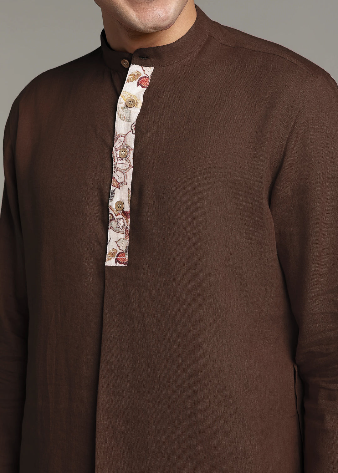 Vansh - Pure Linen Regular Kurta with Printed Placket detail - Coffee Brown