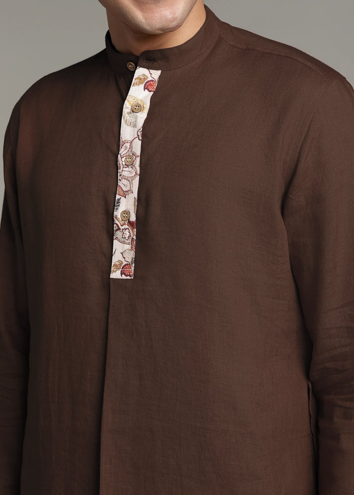 Vansh - Pure Linen Regular Kurta with Printed Placket detail - Coffee Brown