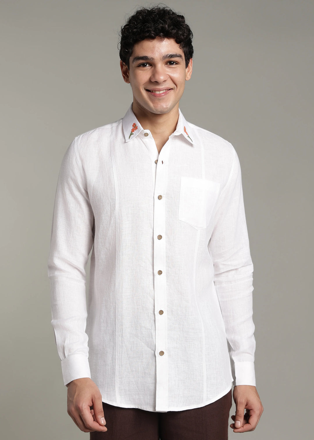 Amber - Pure Linen Full Sleeve Shirt with Embroidered Collar - White