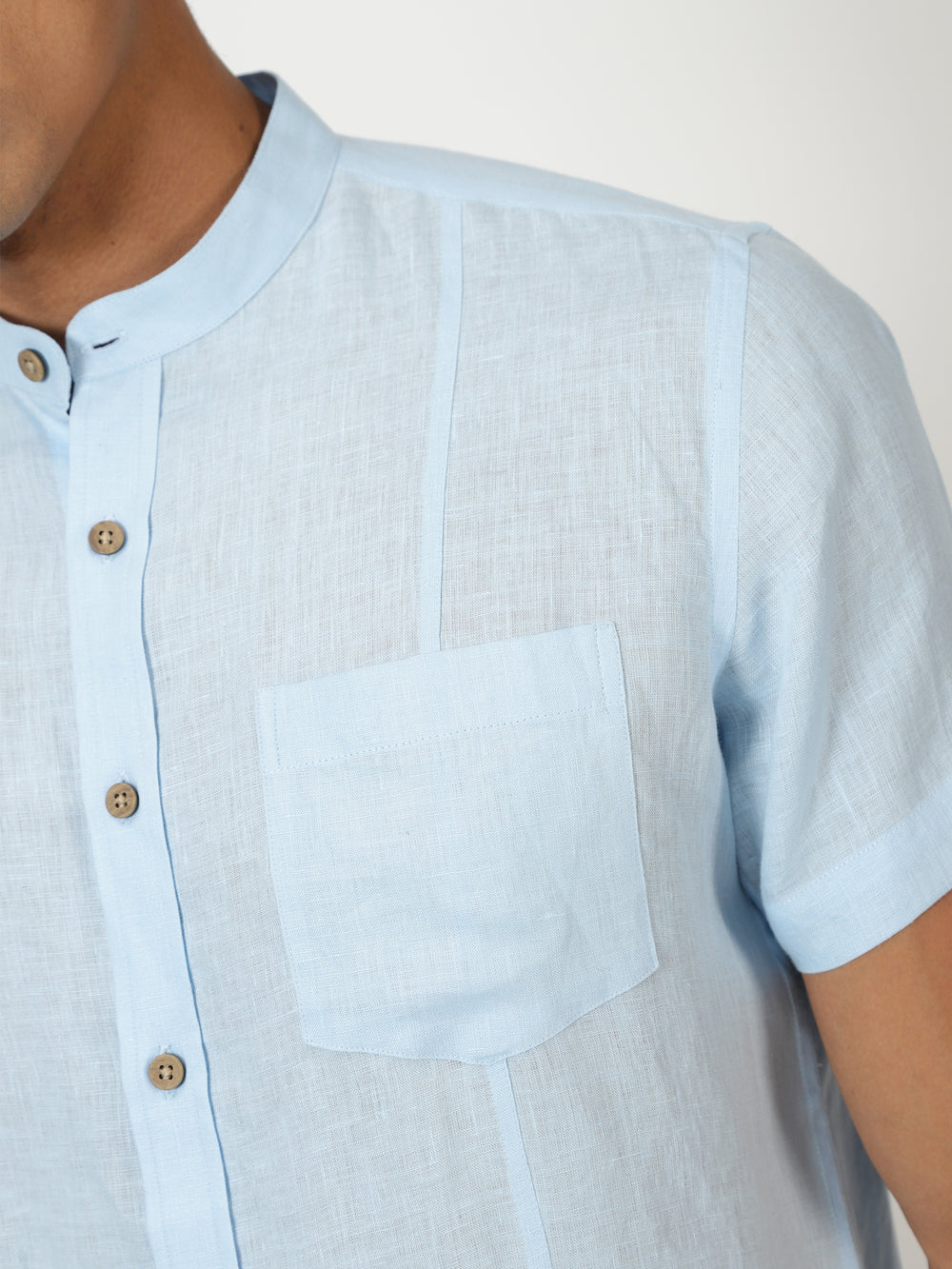 Trevor - Pure Linen Mandarin Collar Half Sleeve Shirt - Sky Blue