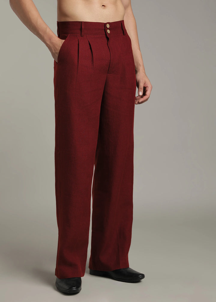 Ashford - Pure Linen Double Pleated High Waisted Trousers - Dark Maroon